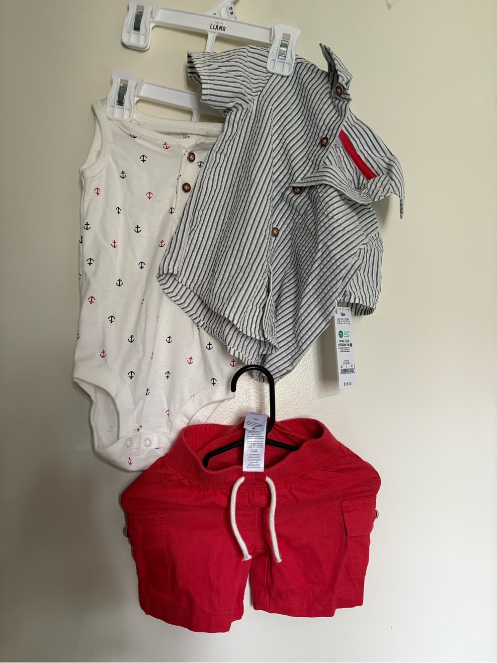 Carters 12 month Striped Button-Up, Anchor Print Onesie & Red Shorts Set